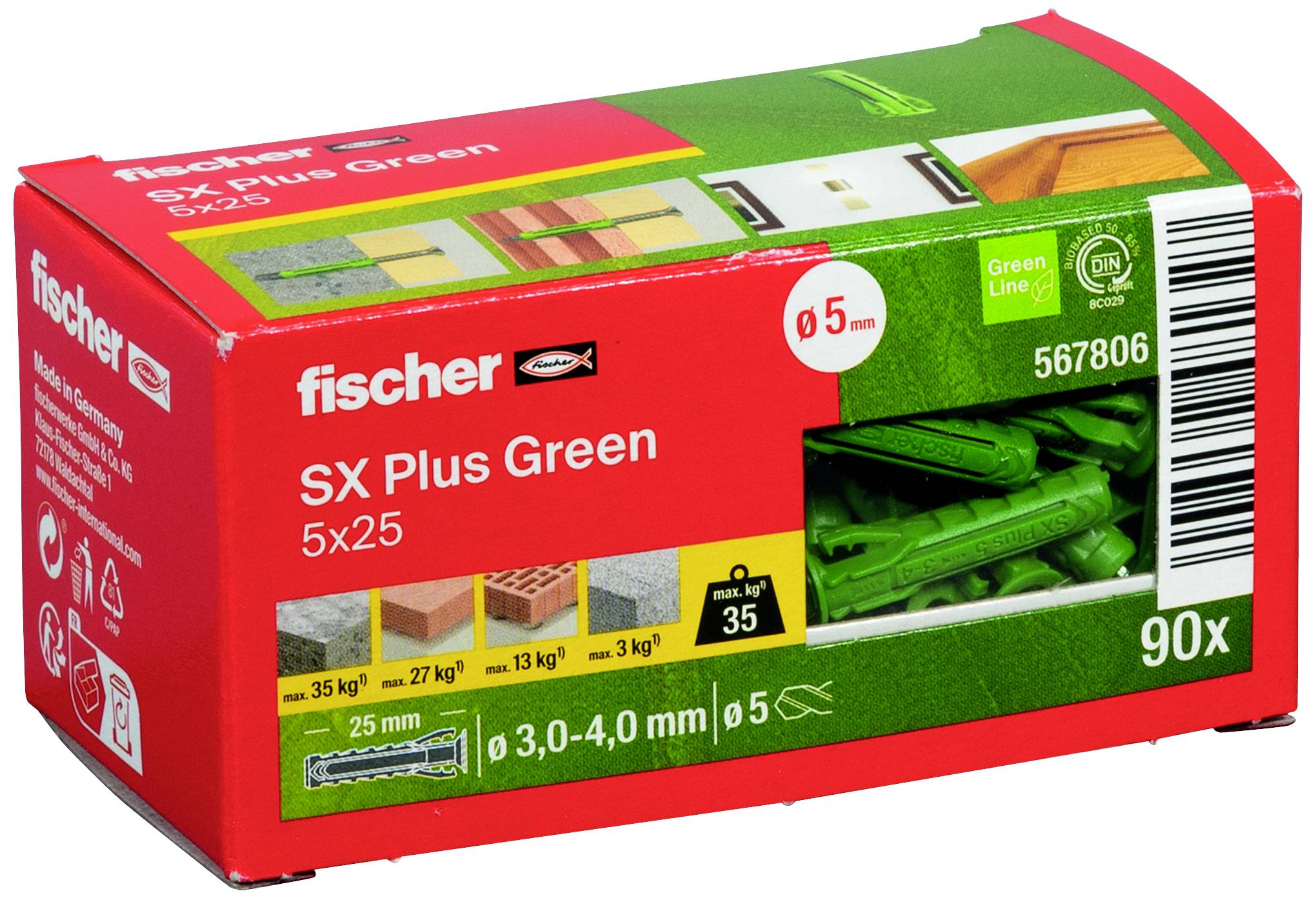 Kartonschachtel mit grünen Dübeln der Marke 'fischer', Modell SX Plus Green 5x25. Enthält 90 Dübel, geeignet für bis zu 35 kg.