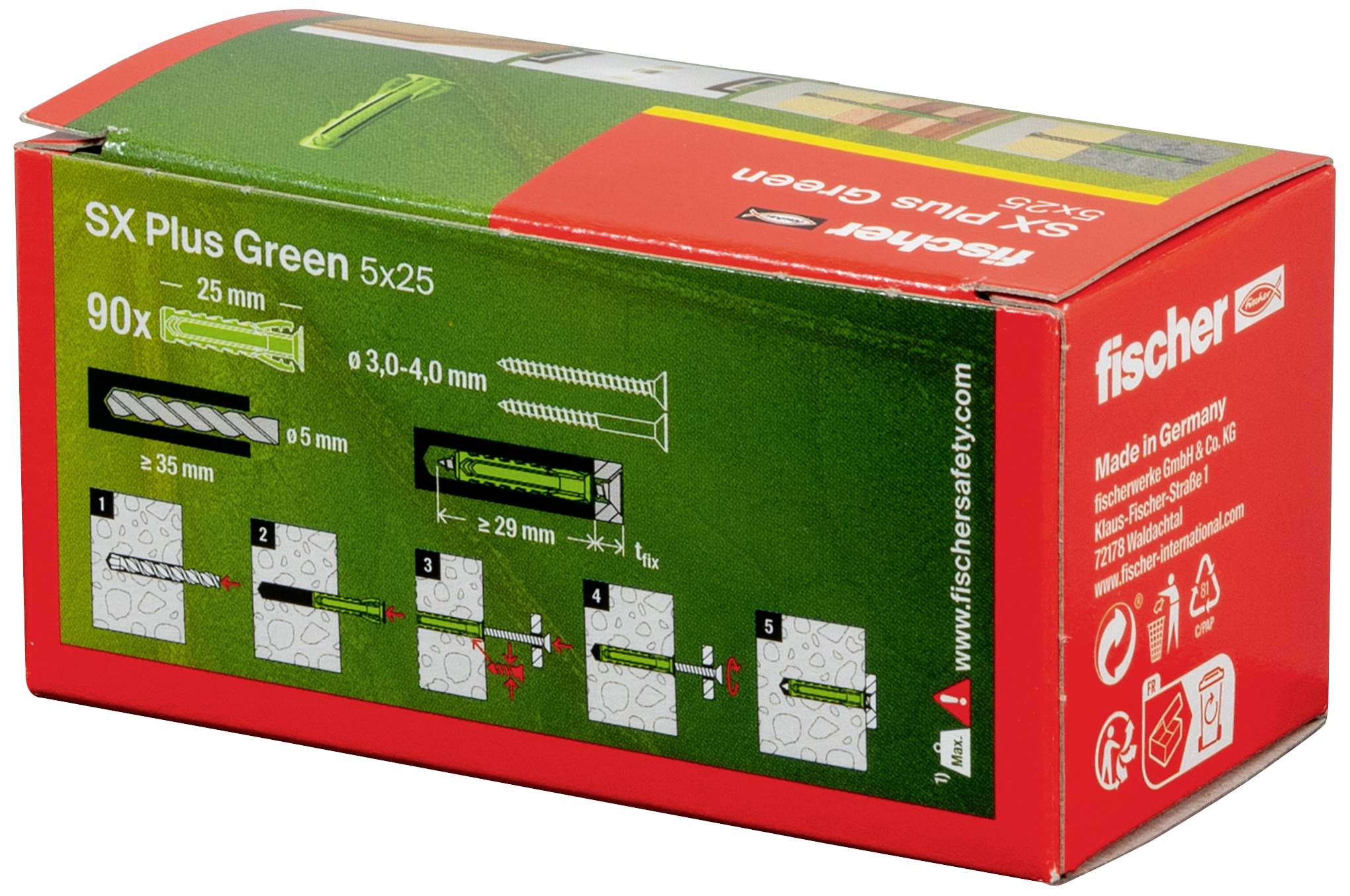 Eine rot-grüne Verpackung mit der Aufschrift 'SX Plus Green 5x25'. Zeigt Konstruktionsdetails und Hinweise für die Montage von Dübeln.