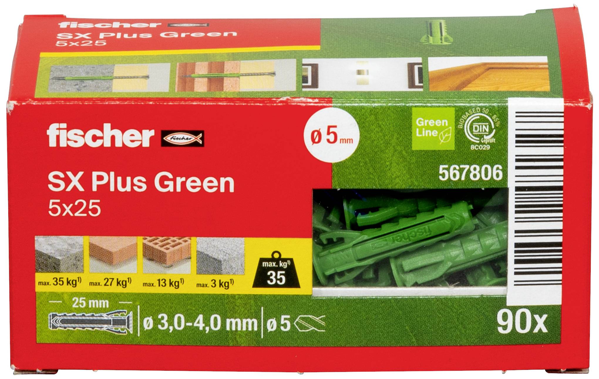 Packung mit grünen Fischer SX Plus Dübeln, Modell 5x25 mm, maximale Tragkraft bis 35 kg. Enthält 90 Stück. Texthinweis 'Green Line'.