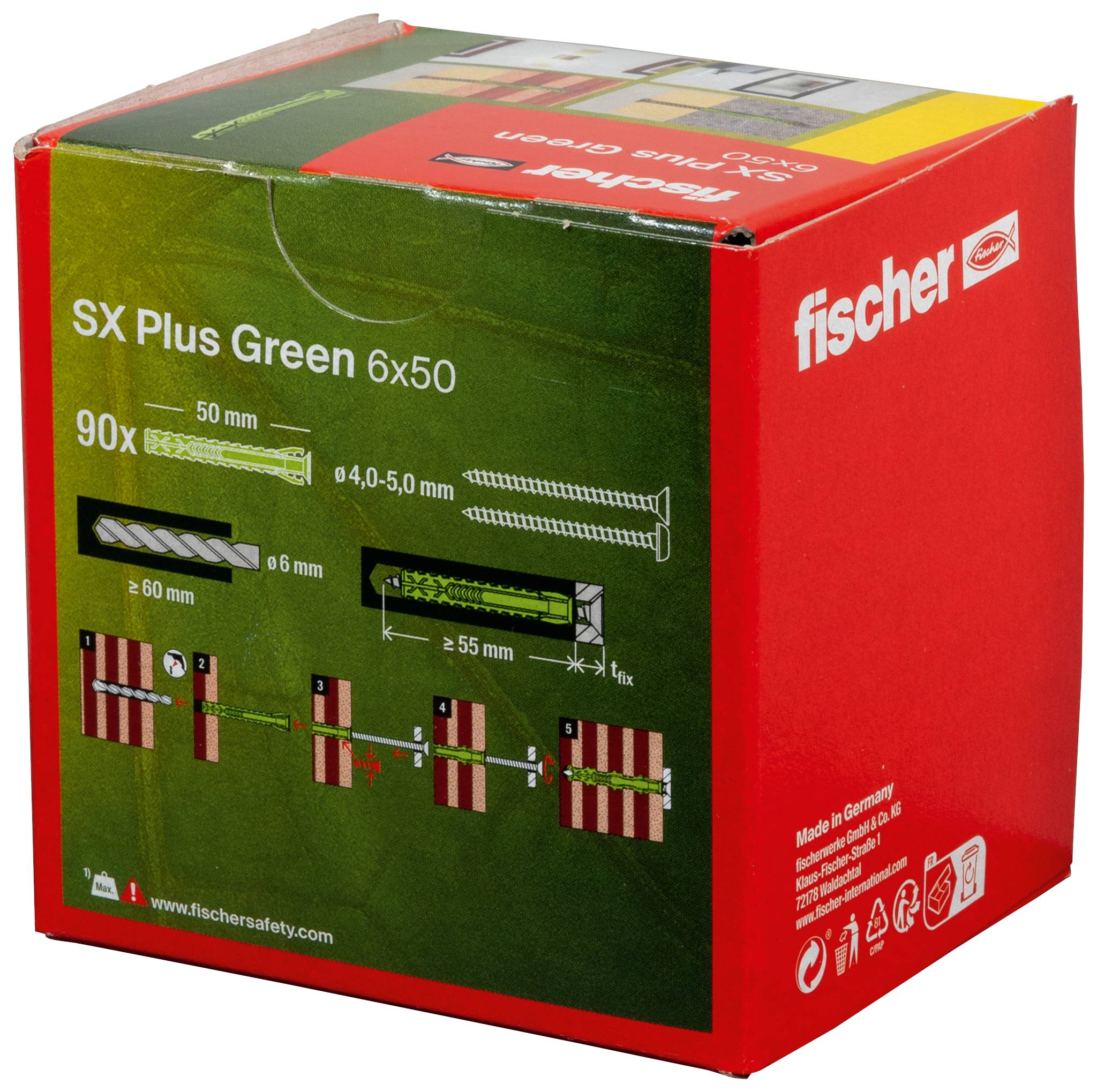 'Fischer SX Plus Green 6x50' Dübel-Set Verpackung mit 90 Stück. Illustration zeigt Montage für Holz- und Spanplattenschrauben. Made in Germany.