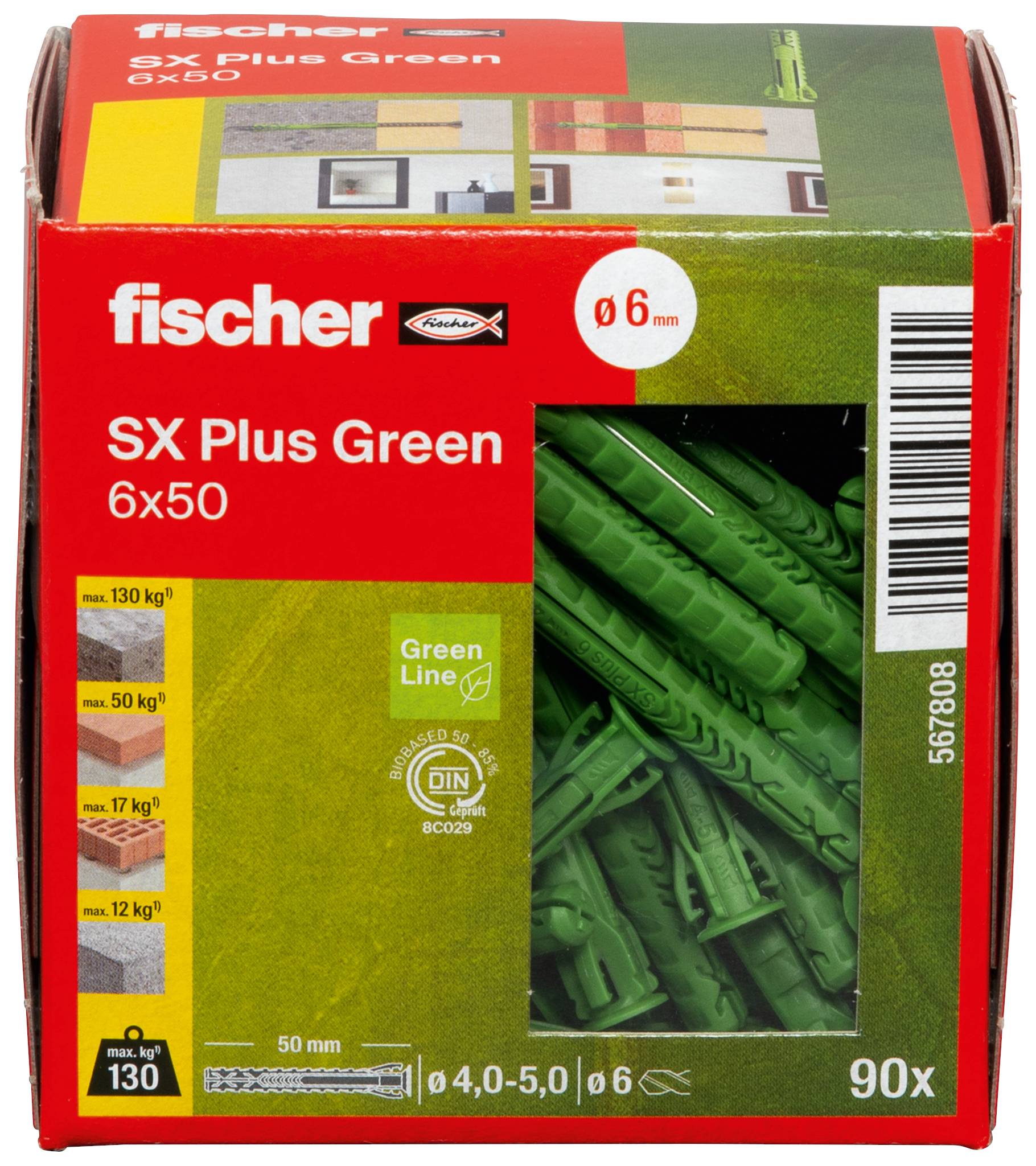 Verpackung von fischer SX Plus Green 6x50 Dübeln, zeigt 90 grüne Dübel mit technischen Details und Anwendungsinformationen.