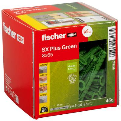 Packung Fischer SX Plus Green 8x65 Dübel, mit grünen Ankern sichtbar durch ein Fenster und '45x' Anzahl auf der Verpackung.