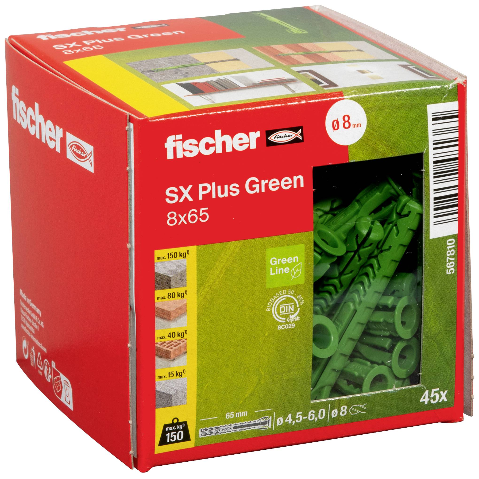 Rote Verpackung 'fischer SX Plus Green 8x65' mit grünen Dübeln. Kapazität: bis 150 kg. Enthält 45 Stück. Produkt- und Öko-Kennzeichnungen.
