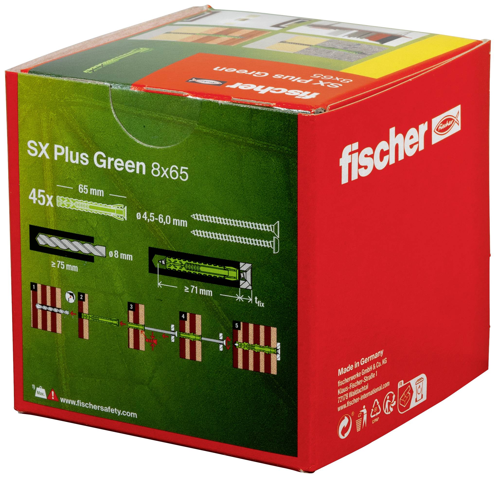 Eine rote Verpackung von Fischer SX Plus Green 8x65 Dübel, enthält 45 Stück. Mit Abbildung und Montagehinweisen auf der Schachtel.