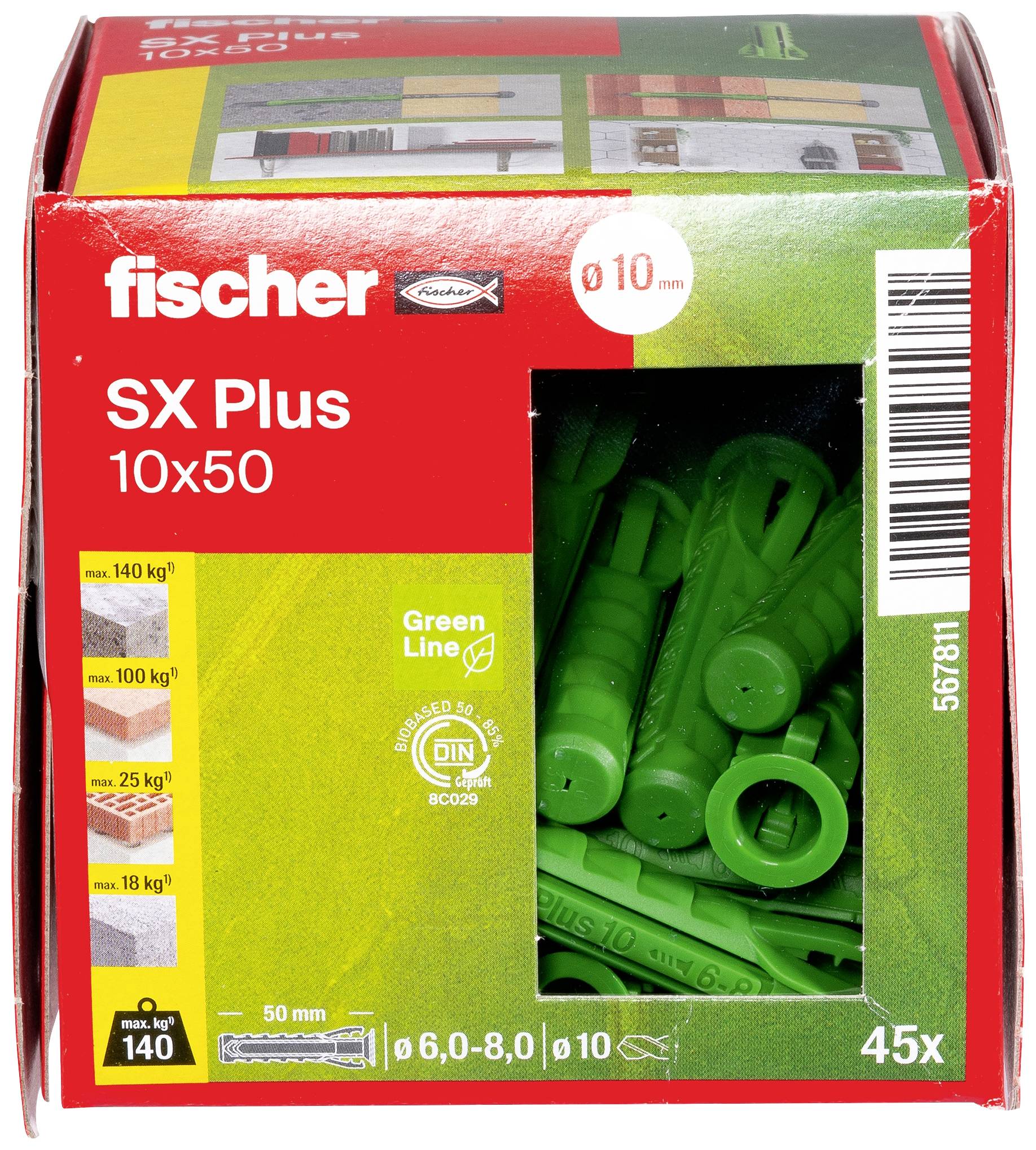 Auf dem Bild ist eine Packung Fischer SX Plus Dübel 10x50 mm, 45 Stück, abgebildet. Geeignet für Lasten bis 140 kg und aus grüner Linie.