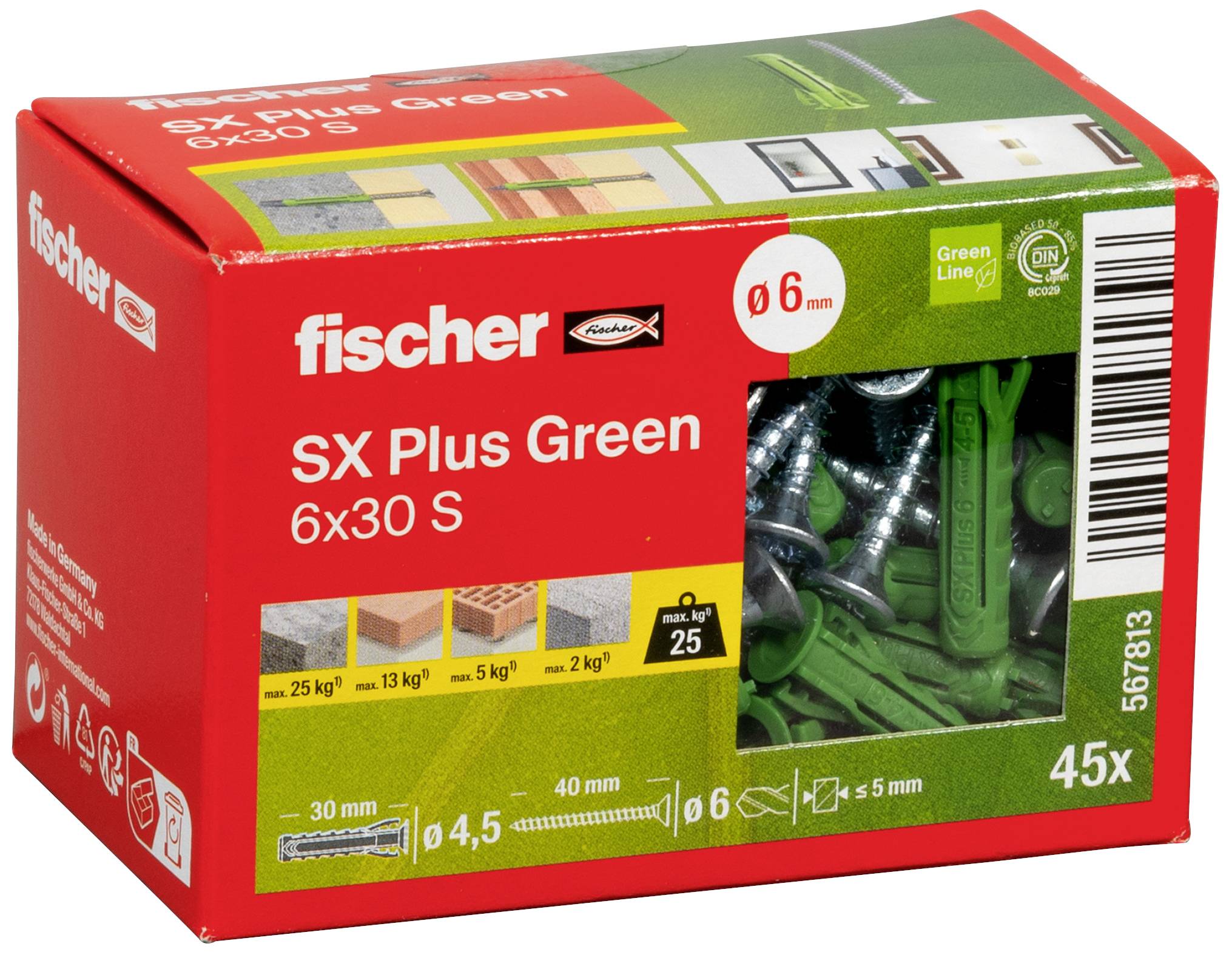 Schachtel mit Fischer SX Plus Green Dübel, 6x30 mm, 45 Stück. Geeignet für Beton, Ziegel und Leichtbau. Belastung bis 25 kg.