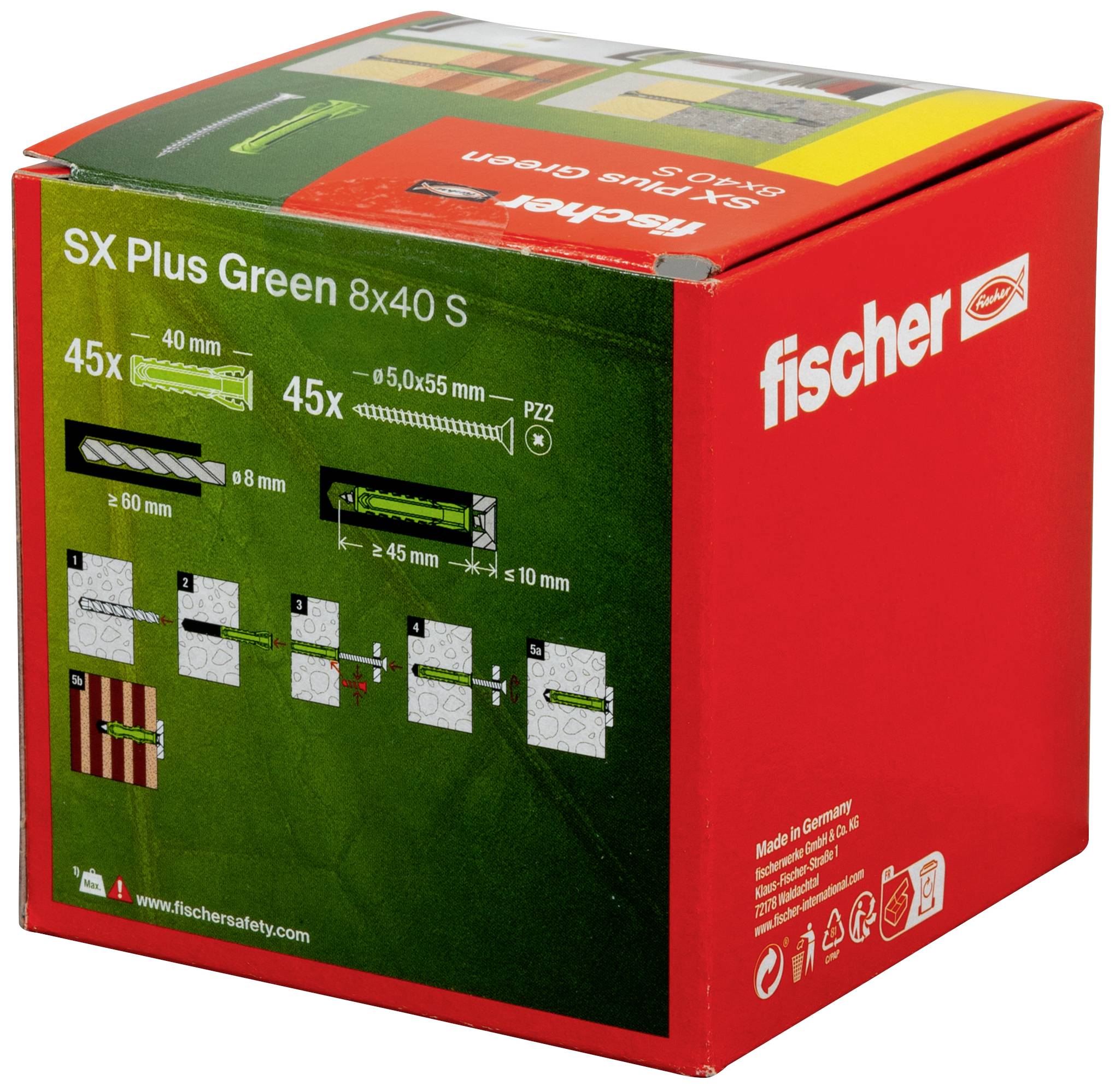 Eine rote Verpackung von Fischer SX Plus Green 8x40 S Dübeln mit grafischer Montageanleitung in grün und weiß auf der Seite.