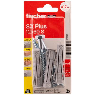 Paket Fischer SX Plus Dübel und Schrauben, 12 x 60 mm, 3-teiliges Set für Schwerlastbefestigung, mit Tragfähigkeitsangaben auf der Vorderseite.