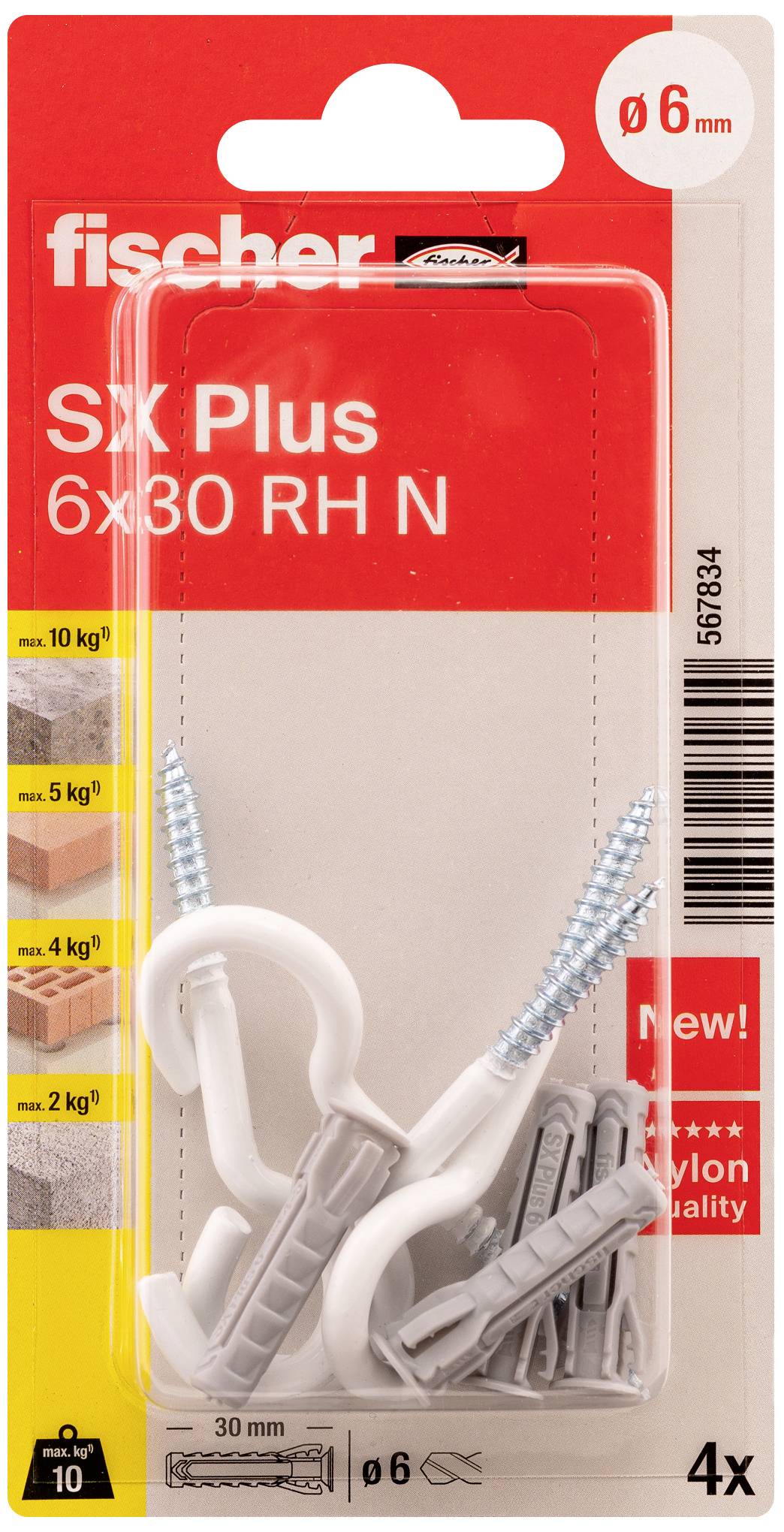 'Fischer SX Plus 6x30 RH N' Set mit Dübeln, Haken und Schrauben für 6 mm Durchmesser. Verpackungsabbildung zeigt Befestigungsmöglichkeiten.