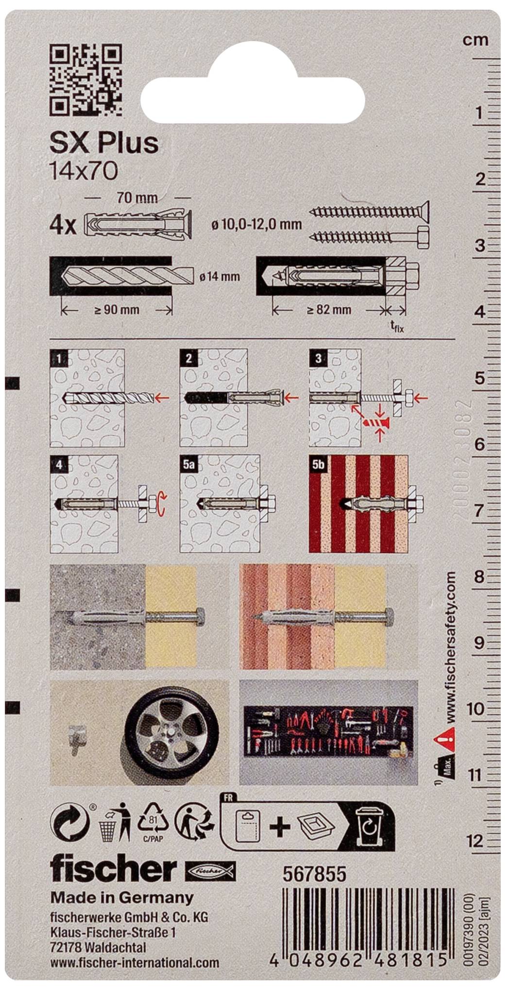 'Fischer SX Plus 14x70' Dübelverpackung. Oben: Montageanleitung mit 6 Schritten. Unten: Herstellerangaben und Barcodes.
