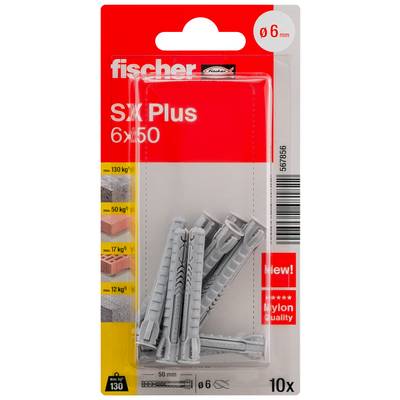 Packung Fischer SX Plus 6x50 Dübel, mit 10 grauen Nylon-Ankern für 6-mm-Schrauben, mit Tragfähigkeitsangaben und „Neu"-Etikett.