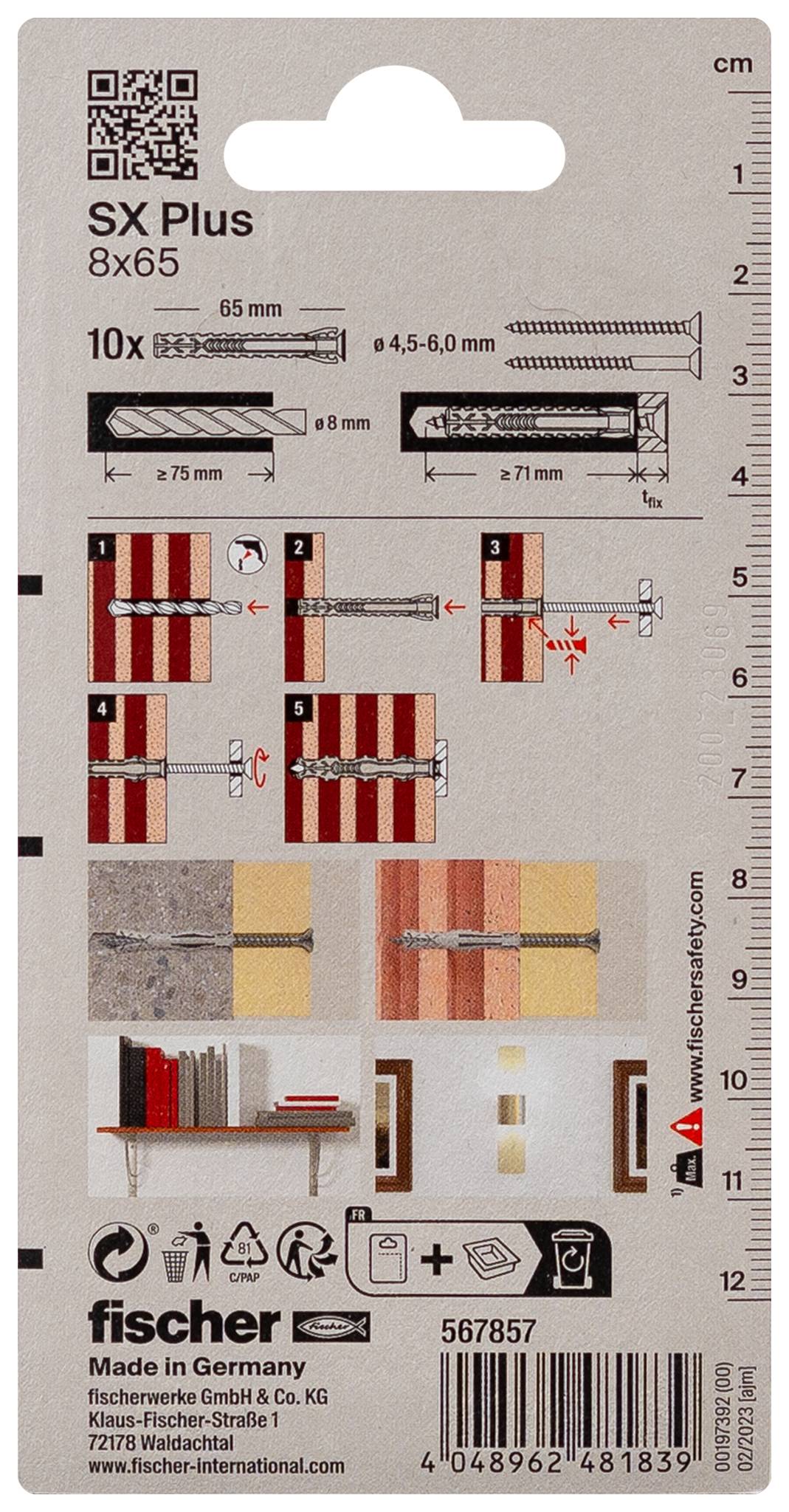 Verpackung eines 'Fischer SX Plus 8x65' Dübels mit Anwendungsbildern, Anleitungen und Maßinformationen. Made in Germany.