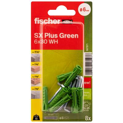 Packung Fischer SX Plus Green 6x30 Dübel mit Schrauben, ø6 mm, 8er Set, rot und grüne Blisterverpackung.