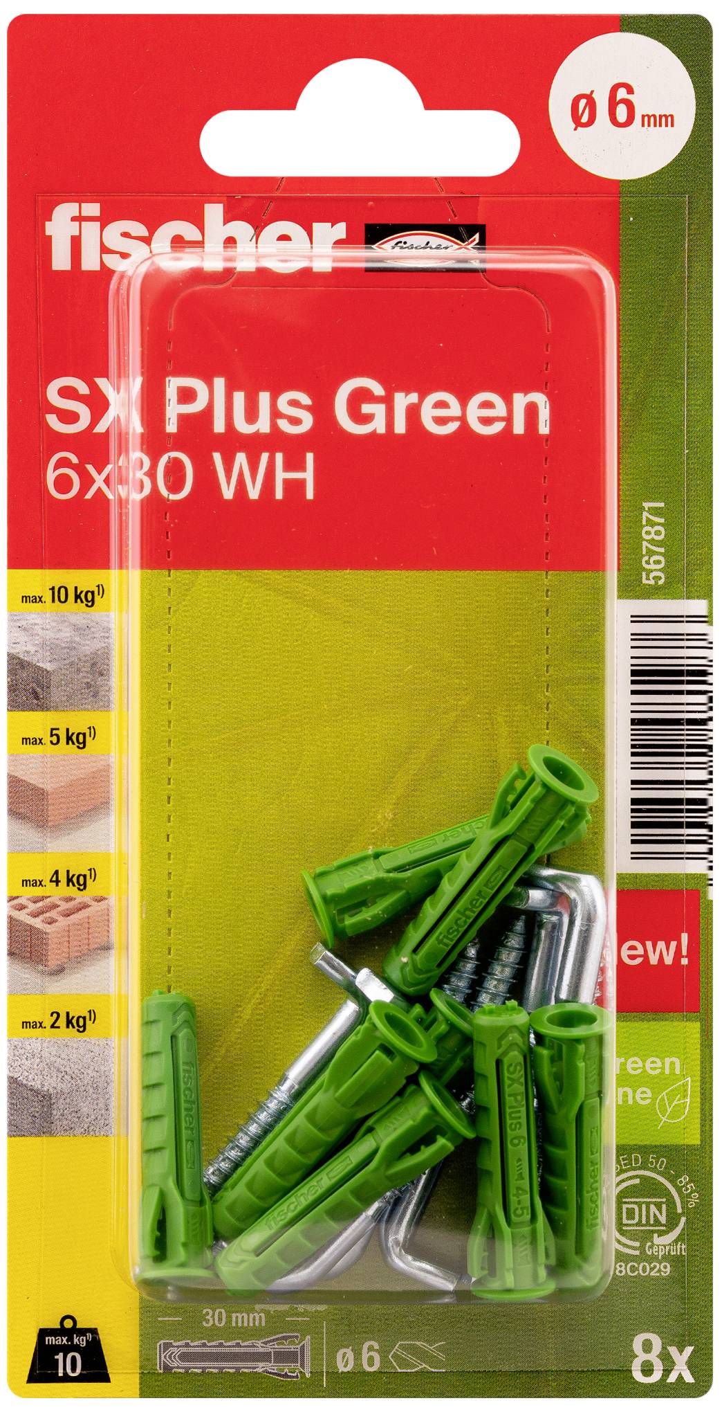 Grüner Fischer-Dübel 'SX Plus Green 6x30' mit Schrauben in Blisterverpackung, geeignet für 10 kg Tragfähigkeit auf Beton.