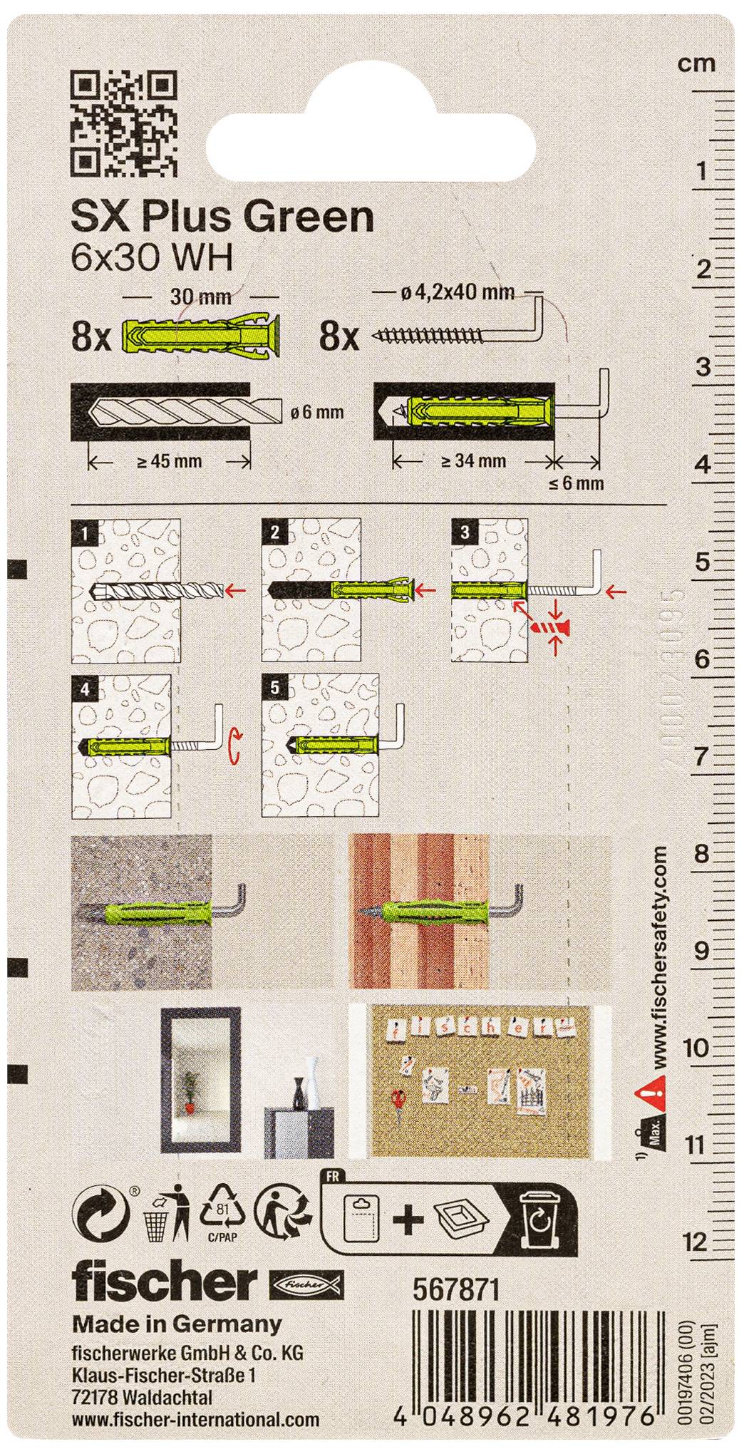 'Fischer SX Plus Green 6x30 WH' Verpackung zeigt Montageanleitung für Wanddübel, mit Abbildungen der Bohrtiefe und Schrauben. Hergestellt in Deutschland.