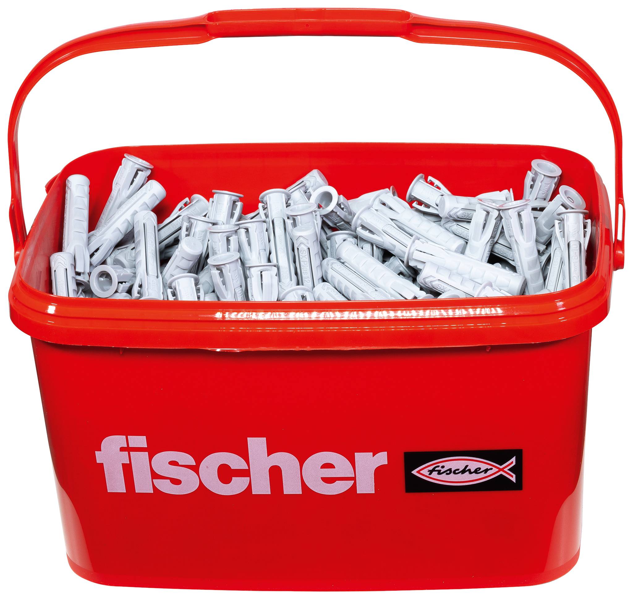 Roter Eimer mit Deckel und Tragegriff, darauf das 'fischer'-Logo. Enthält diverse Dübelarten laut Etikett auf dem Deckel.