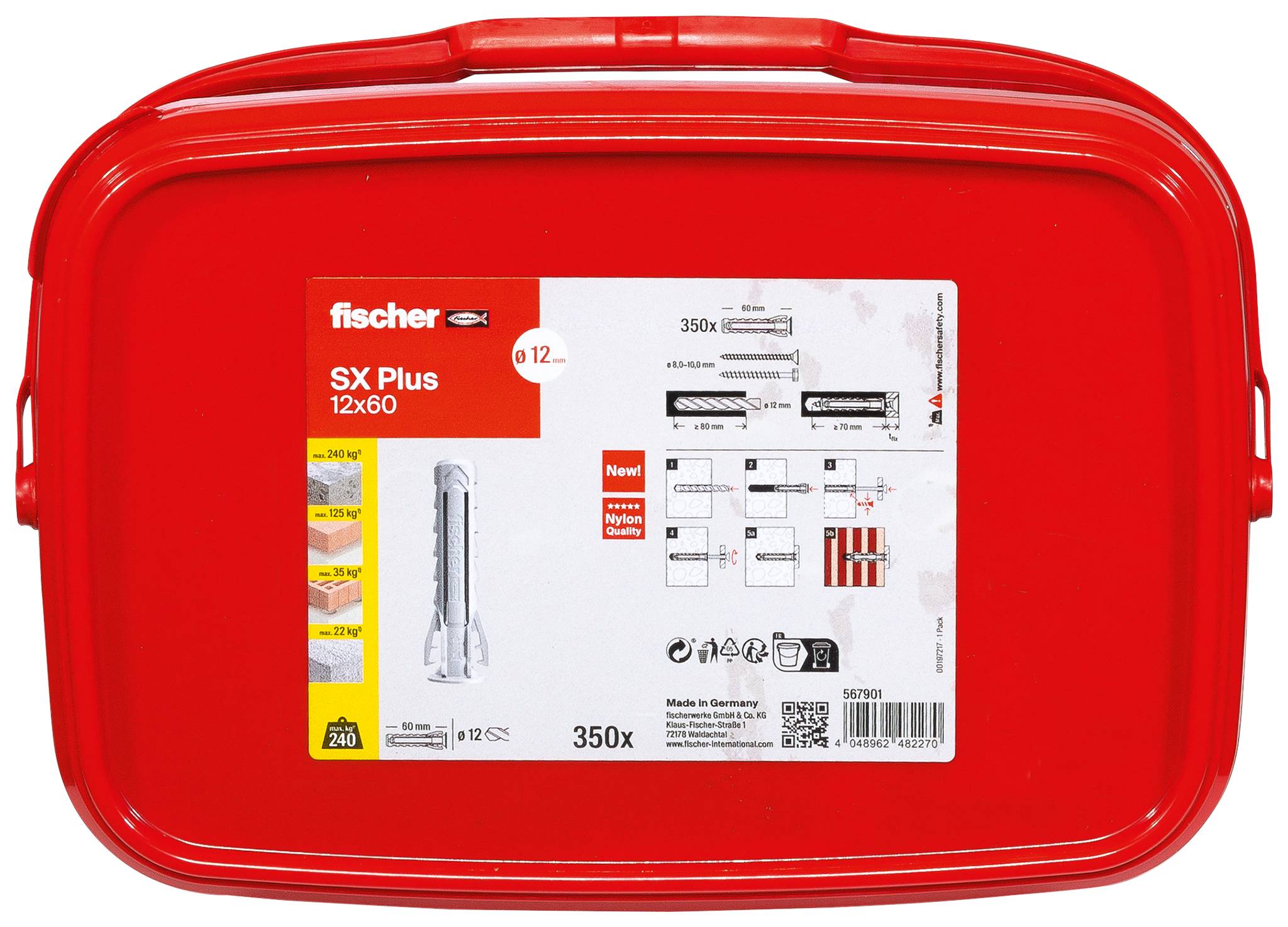 Rote Kunststoffbox mit der Aufschrift 'fischer SX Plus 12x60'. Enthält 350 Dübel und Montageanweisungen. Produktabbildungen und technische Details sind zu sehen.