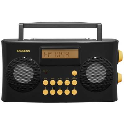 Ein tragbares schwarzes Radio mit Displayanzeige 'FM 107.9', Lautsprechern und mehreren gelben Bedientasten. Markenname links oben.