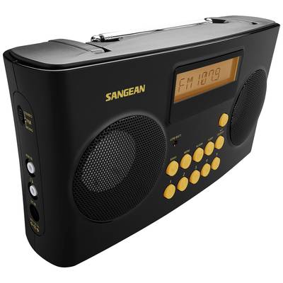 Ein tragbares, schwarzes Radio von Sangean mit gelben Tasten und Display, das 'FM 107.9' anzeigt. Geeignet für Radioempfang unterwegs.