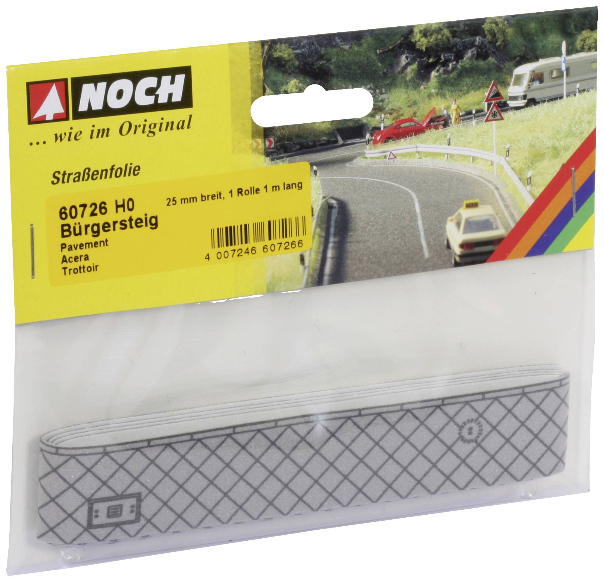 'Noch Straßenfolie 60726 H0 Bürgersteig' in Verpackung. Enthält 1 Meter lange Bürgersteigfolie für Modelleisenbahnen im Maßstab H0.