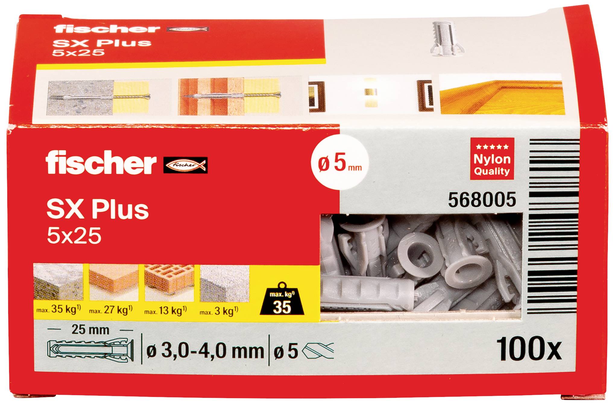 Eine Packung mit 100 Fischer SX Plus Kunststoffdübeln, geeignet für verschiedene Bauanwendungen, mit maximaler Tragkraft von 35 kg.