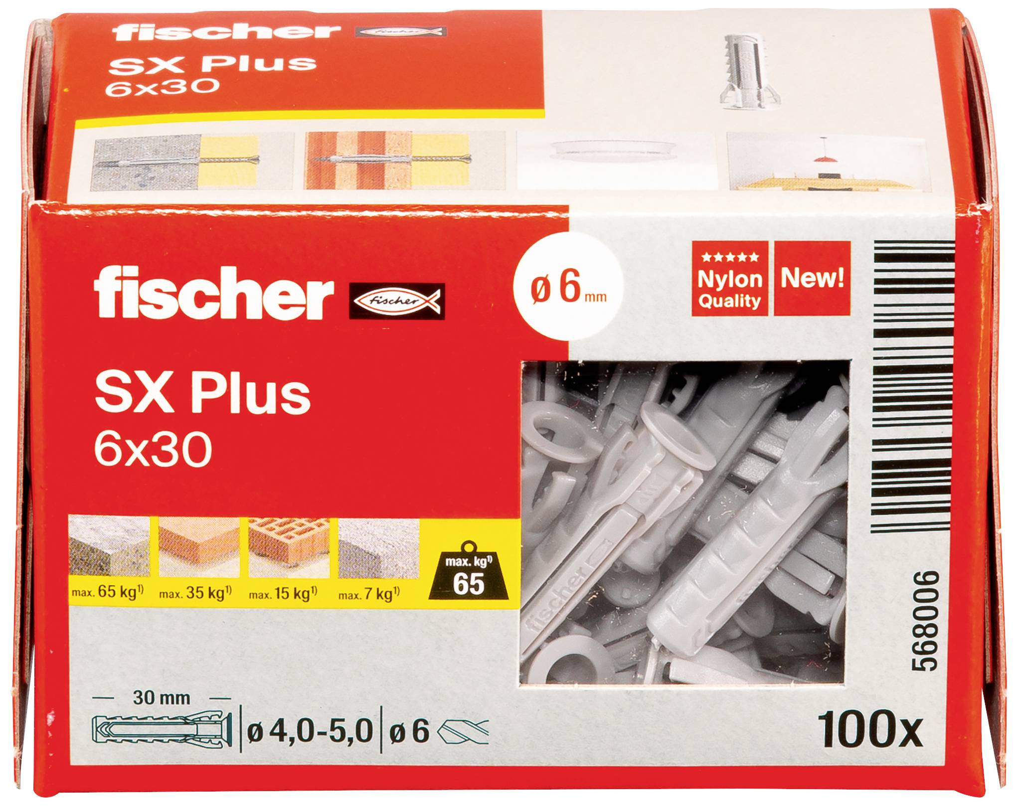 'Fischer SX Plus 6x30 Nylon Dübel' Verpackung, zeigt rote Box mit 100 Dübeln und Grafik zur Befestigung in verschiedenen Materialien.