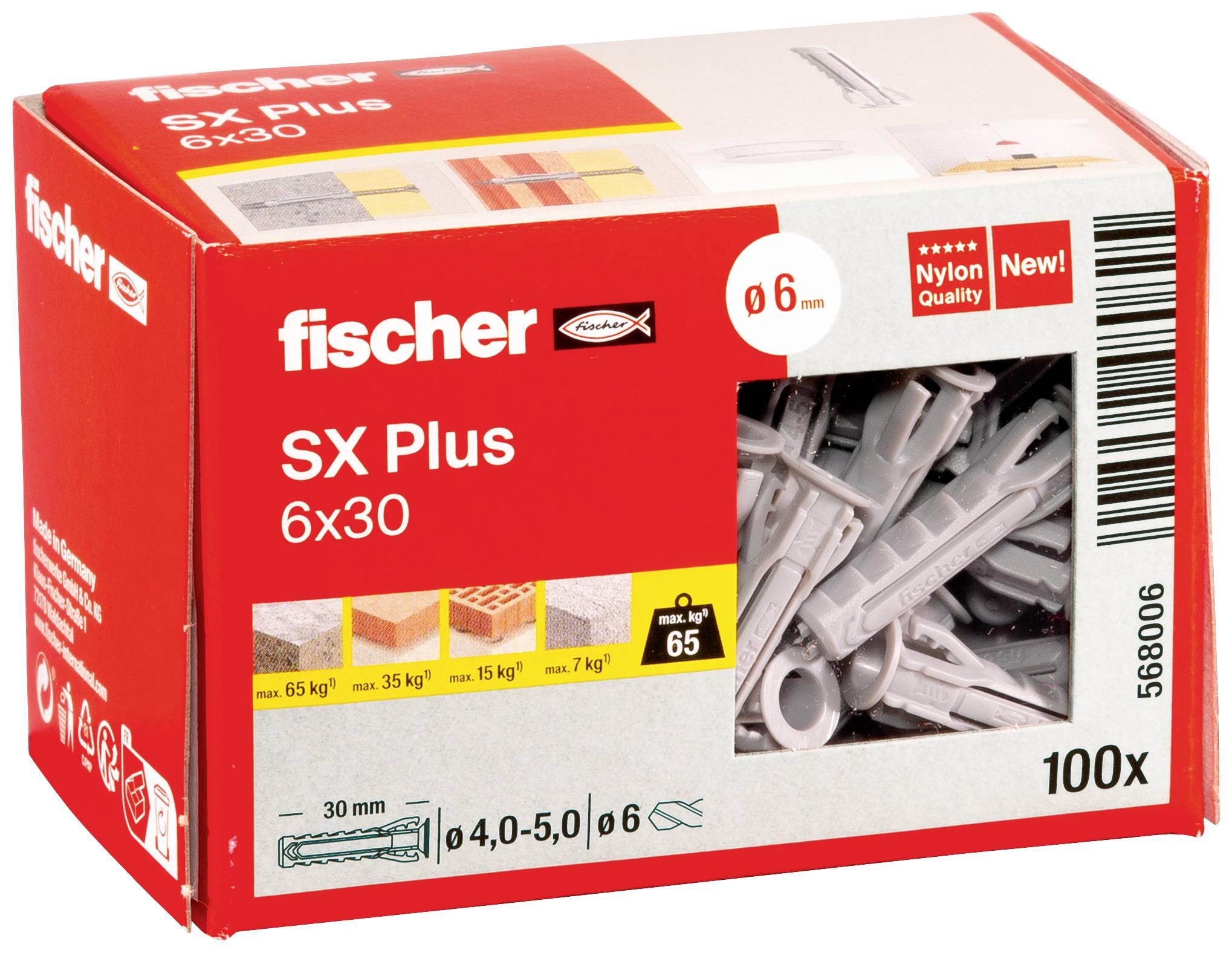 Packung mit 100 grauen Dübeln 'fischer SX Plus 6x30', geeignet für Anwendungen in Beton, Ziegel und Stein, drin. Last bis 65 kg.
