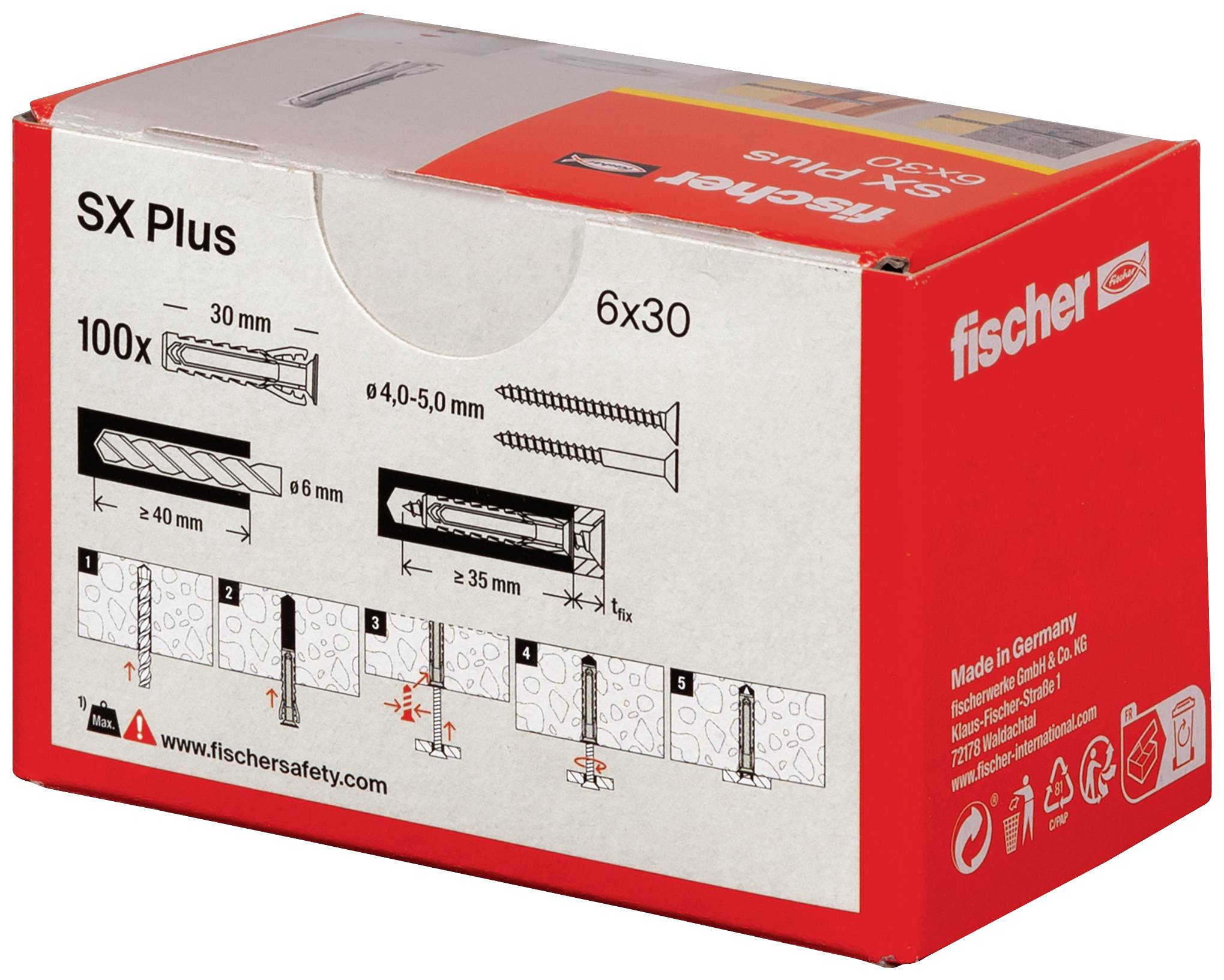 Eine Verpackung von Fischer SX Plus Dübeln, Größe 6x30, mit Illustrationen zur Anwendung und Montage in verschiedenen Materialien.