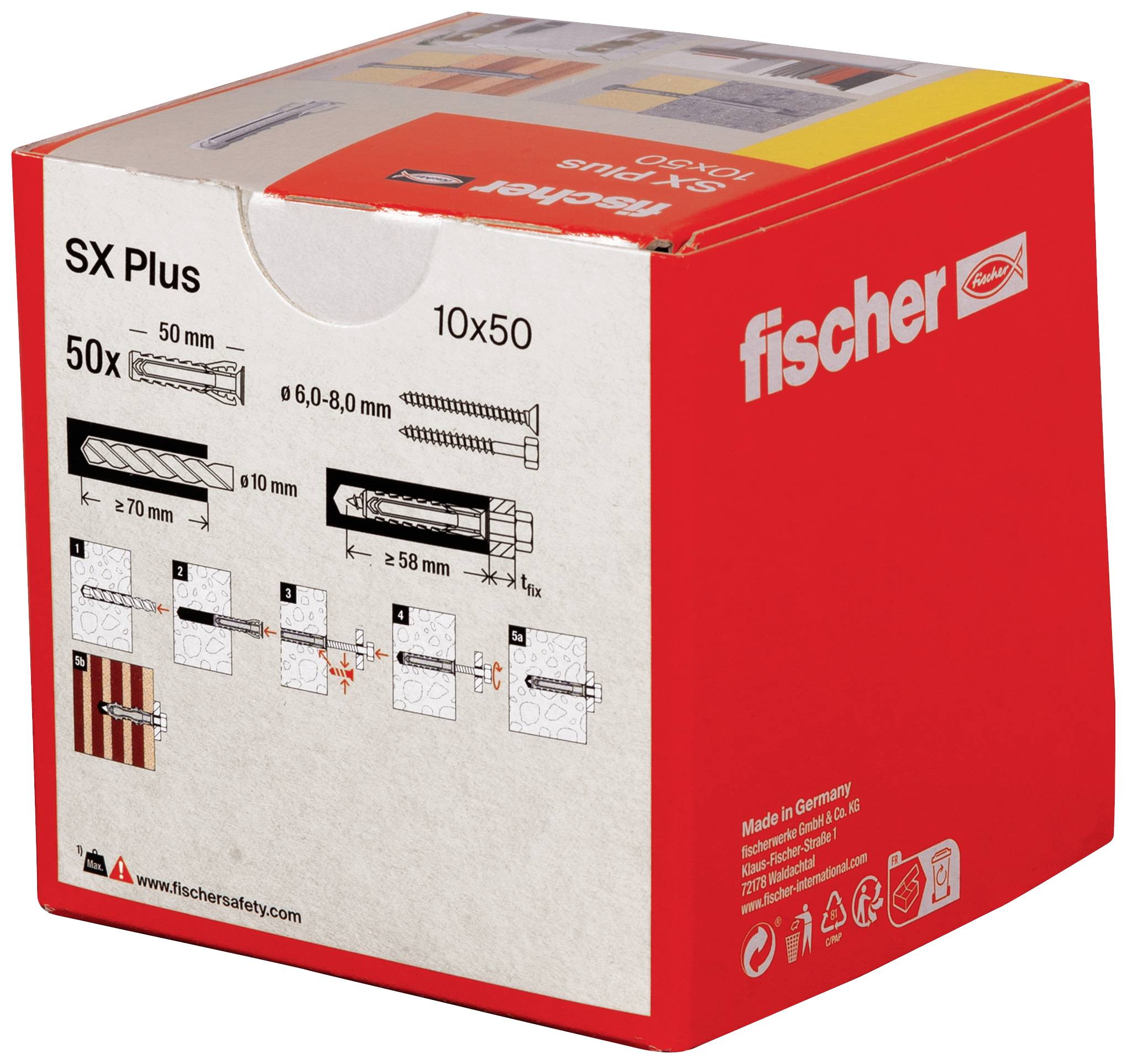 Rote Verpackung der Marke Fischer, Modell SX Plus, enthält 50 Dübel. Enthält Montagehinweise und Maßangaben auf der Verpackung.