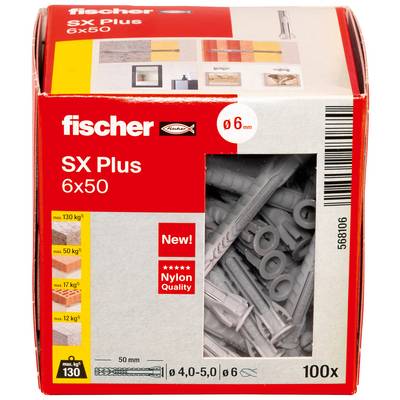 Schachtel mit 100 Fischer SX Plus Dübeln 6x50 mm, zeigt Anwendungshinweise und Montagegrafiken für unterschiedliche Wandmaterialien.