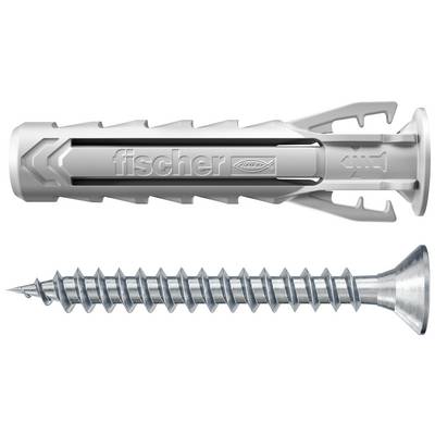 Eine Packung Fischer SX Plus 8x40 S Universaldübel mit Schrauben. Auf der Verpackung stehen Belastungsrichtlinien und Produktdetails.