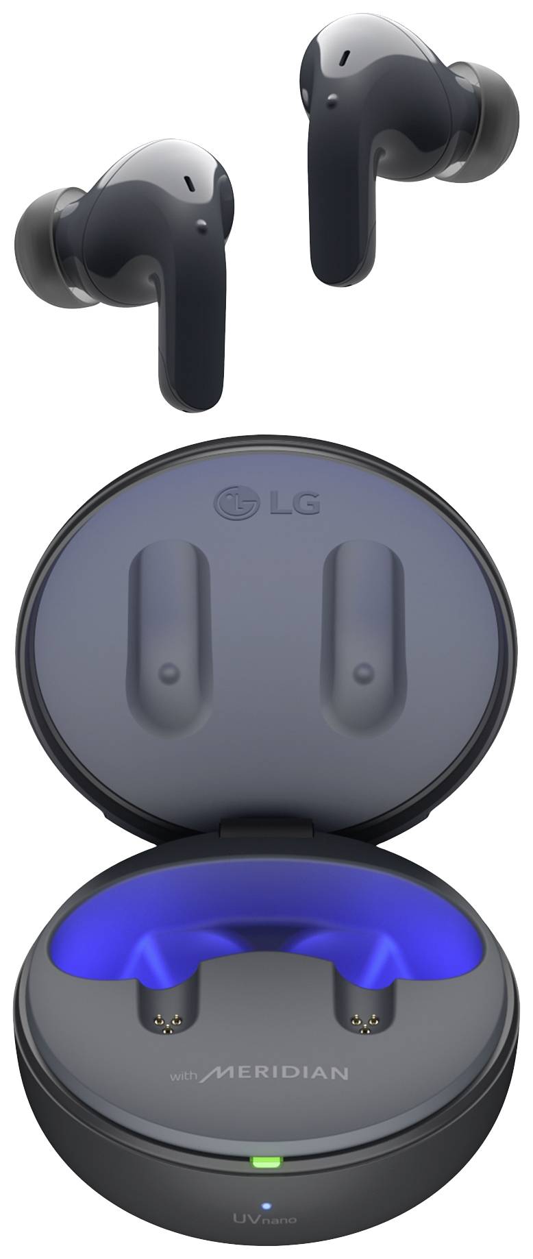 Kabellose schwarze Ohrhörer mit Ladehülle von LG und Meridian-Logo. Geöffnete Hülle zeigt leuchtend blaues Inneres.
