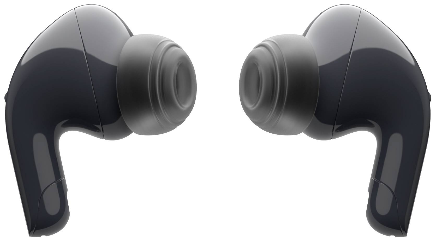 Schwarze kabellose In-Ear-Kopfhörer mit gebogenem Design, links und rechts gegenüberliegend.