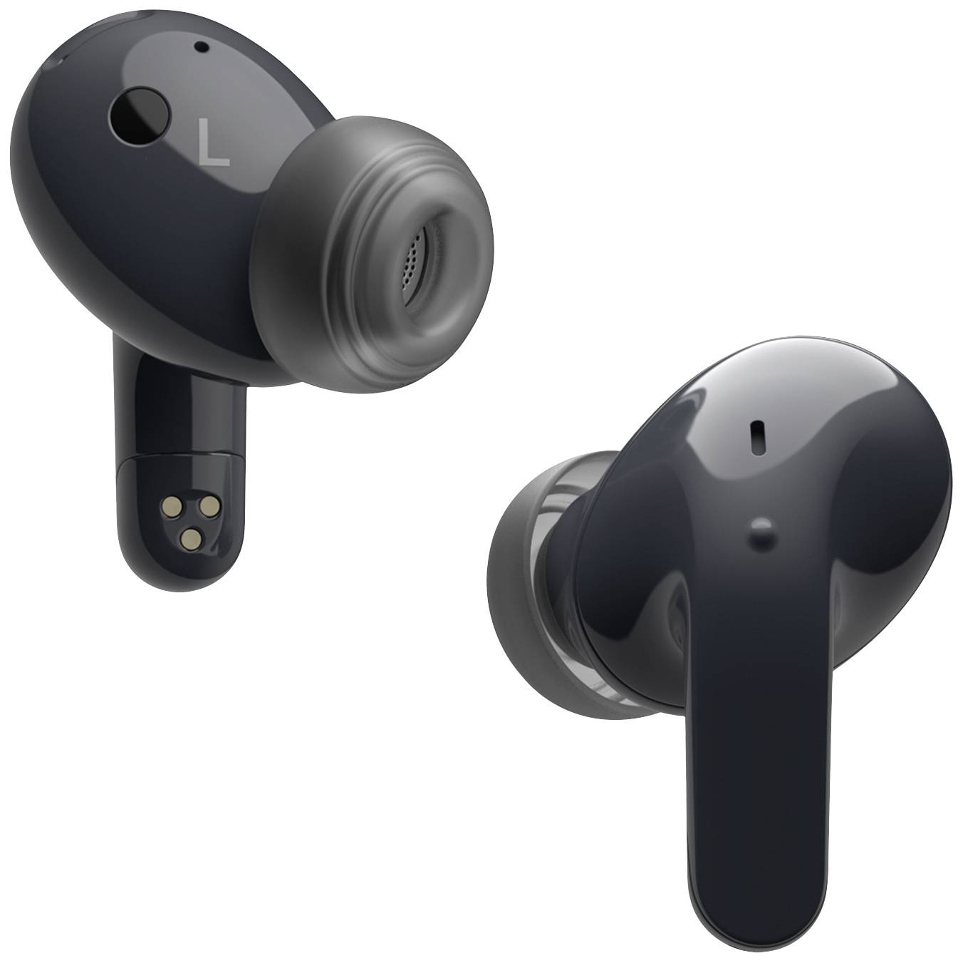 Schwarze kabellose Ohrstöpsel mit ergonomischem Design, markiert mit 'L' für links, mit glänzender Oberfläche und Ladebatteriekontakten.