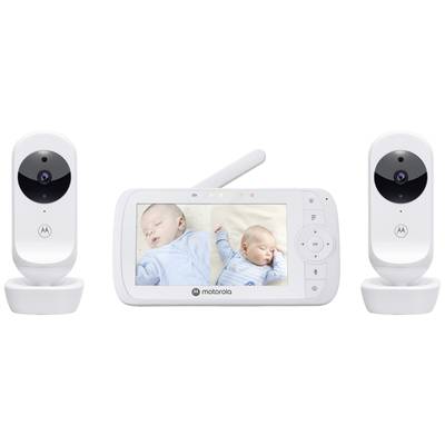 Ein Babyphone mit Bildschirm zeigt schlafende Babys. Zwei Kameras sind links und rechts platziert. Gerät von 'Motorola'.