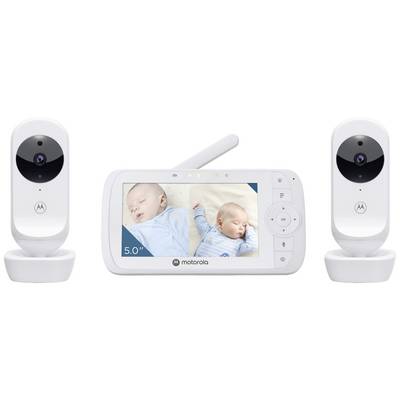 Zwei weiße Babyphone-Kameras und ein Monitor mit einem Bild von zwei schlafenden Babys. Der Monitor zeigt eine 5-Zoll-Anzeige.