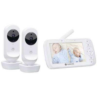 Zwei Baby-Monitore mit Kamera und ein Bildschirm zeigen zwei schlafende Babys. Die Displays sind für Überwachung konzipiert.