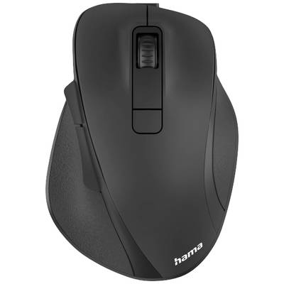 Schwarze kabellose Computermaus mit ergonomischem Design und einem Scrollrad. Die Marke 'hama' ist unten rechts aufgedruckt.