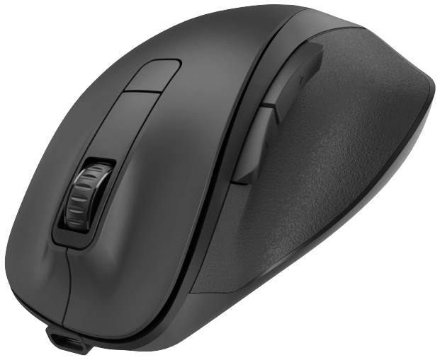 Schwarze, ergonomische Computermaus mit einem Scrollrad und zwei zusätzlichen Daumentasten, geeignet für Rechtshänder.