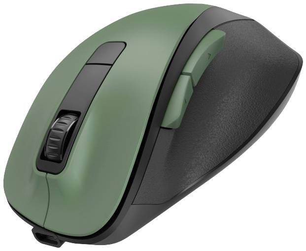 Kabellose, grüne Computermaus mit Scrollrad und zwei zusätzlichen Seitentasten, auf einer weißen Fläche liegend.