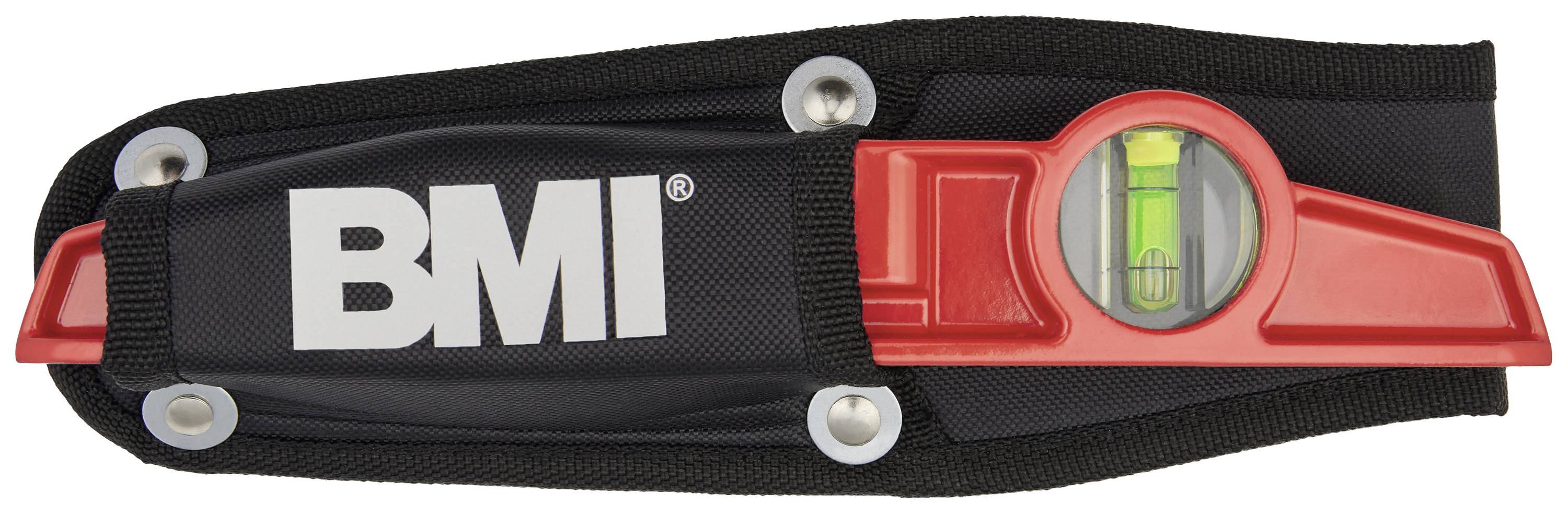 Wasserwaage in schwarzer Halterung mit rotem Gehäuse und Libelle, auf der 'BMI' steht.