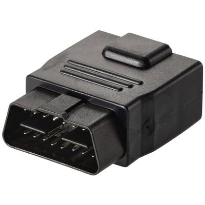 Ein schwarzer OBD-Stecker zur Fahrzeugdiagnose, rechteckig, mit hervortretenden Metallstiften, auf weißem Hintergrund.
