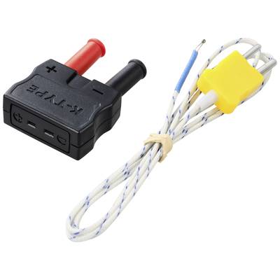 Zwei Messleitungen, eine schwarz und eine rot, mit einem gelben Thermoelement-Stecker und Krokodilklemmen zum Messen von elektrischen Werten.