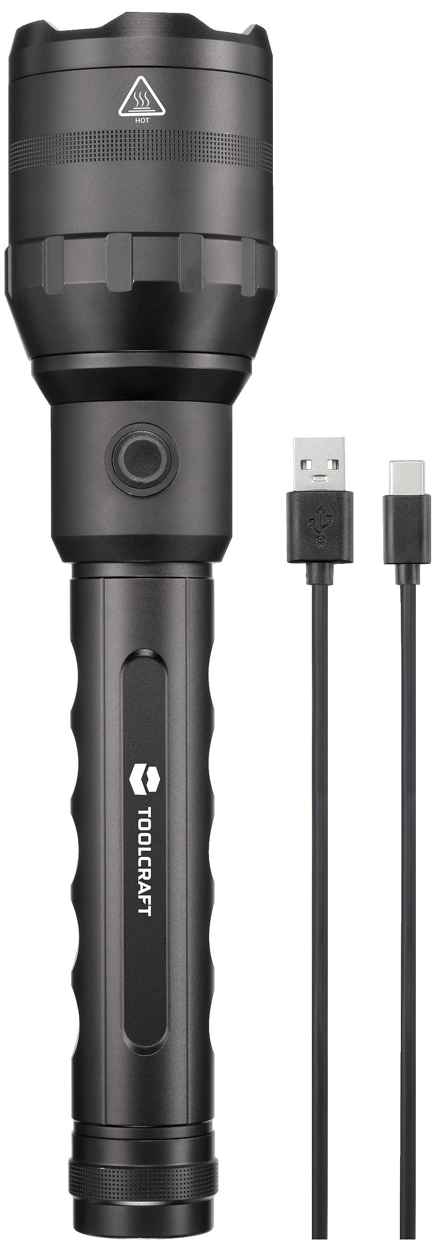 Eine schwarze Taschenlampe neben einem USB-Kabel mit zwei Steckern, geeignet für Aufladung.