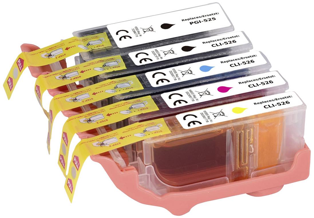 Fünf Tintenpatronen in Schwarz, Gelb, Magenta und Cyan in einer Halterung. Kompatibel mit Canon-Druckern, Modell PGI-525 und CLI-526.