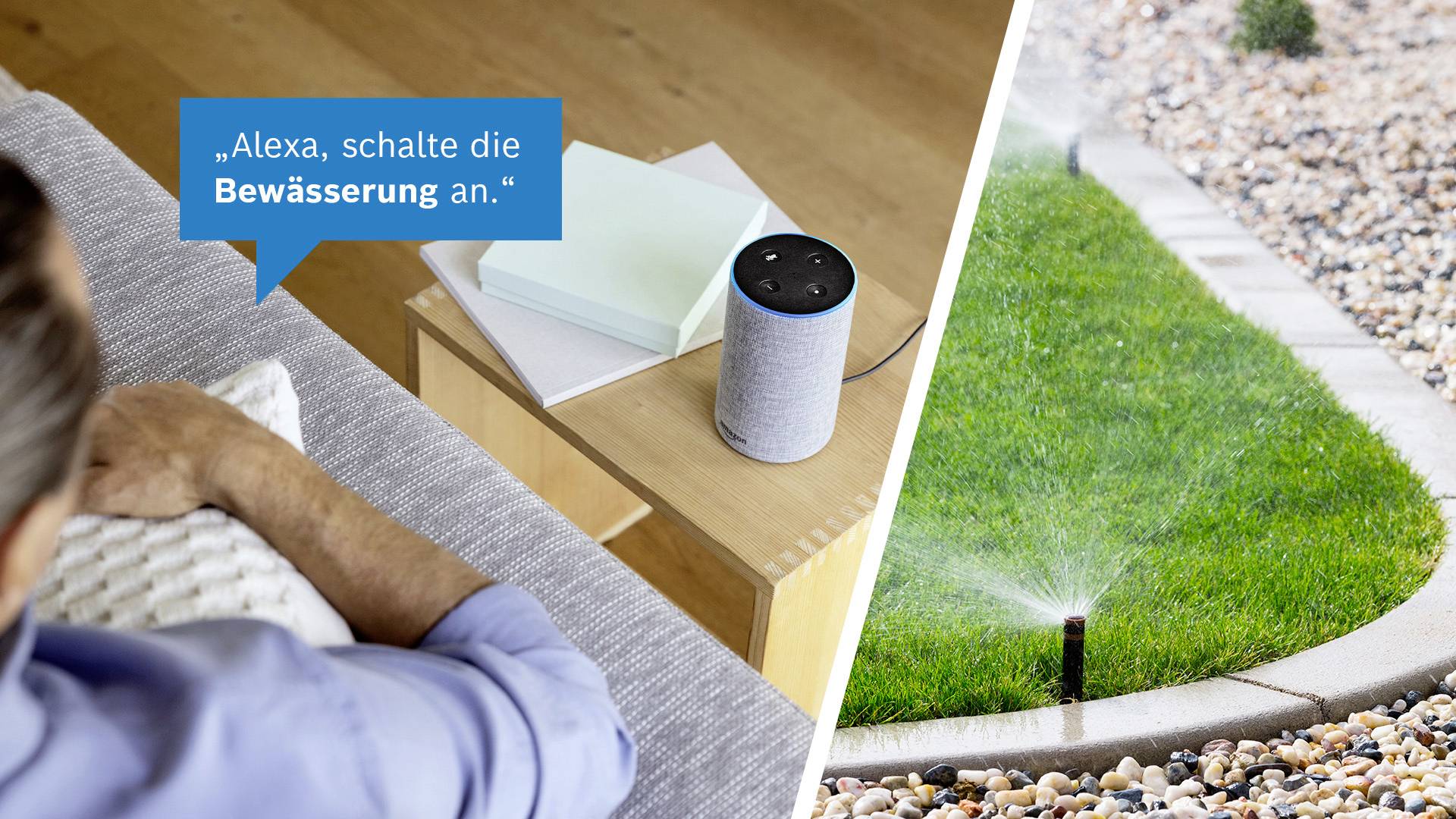 Eine Person sagt: 'Alexa, schalte die Bewässerung an.' Ein digitales Gerät aktiviert Rasensprinkler im Garten.