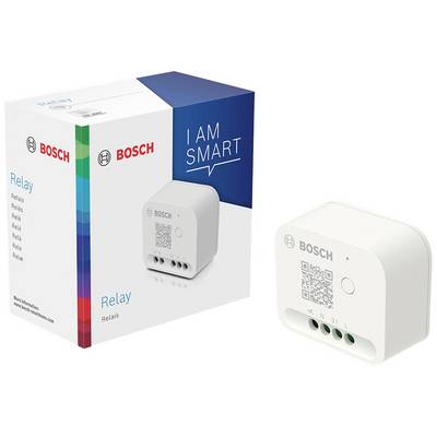 Eine weiße Bosch Relais-Schaltbox neben der dazugehörigen Verpackung mit 'I am Smart'-Slogan.