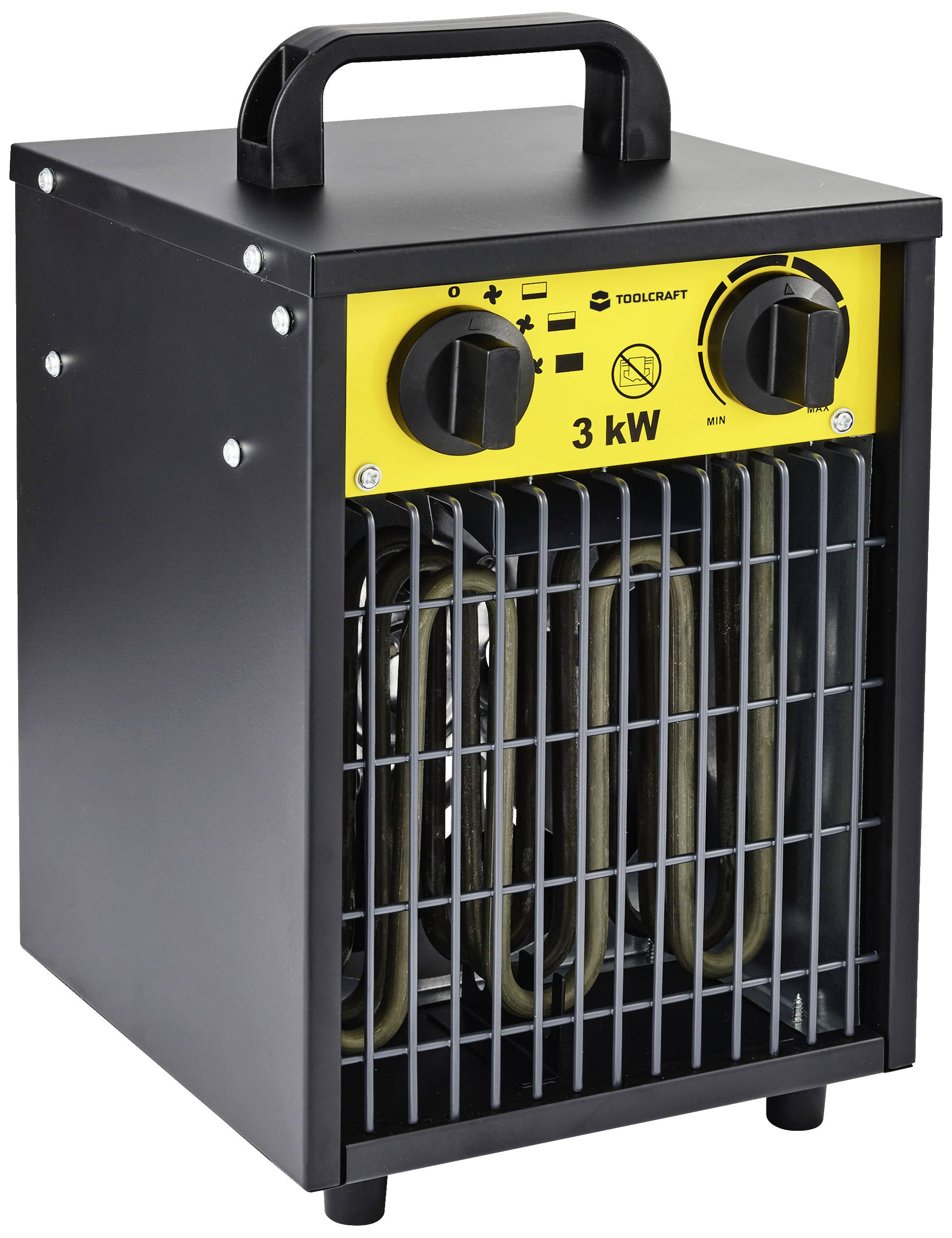 Schwarzer Elektroheizer mit gelbem Bedienfeld oben. Zwei Drehregler zur Einstellung der Leistung '3 kW'. Tragegriff an der Oberseite.