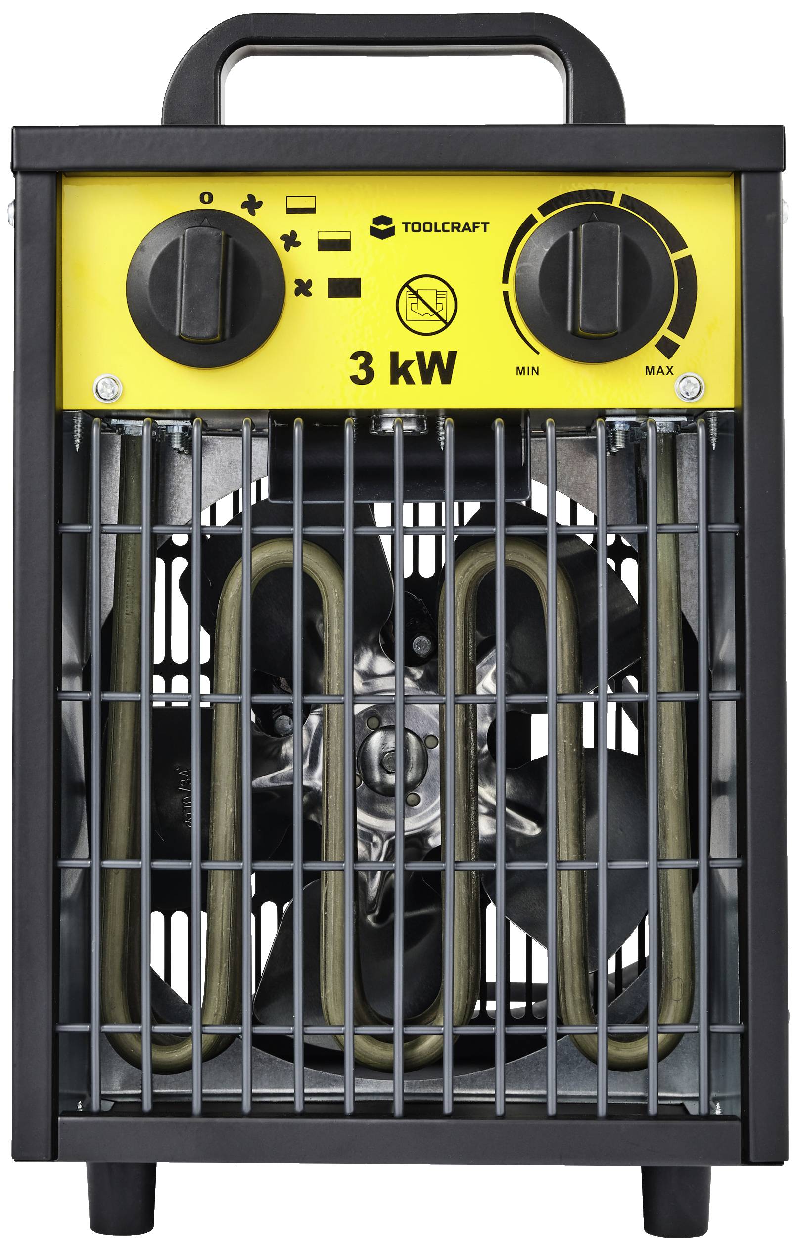 Elektrischer Heizlüfter mit gelbem Bedienfeld, zwei Drehknöpfen zur Temperatureinstellung und Lüfter mit Schutzgitter, 3 kW Leistung.