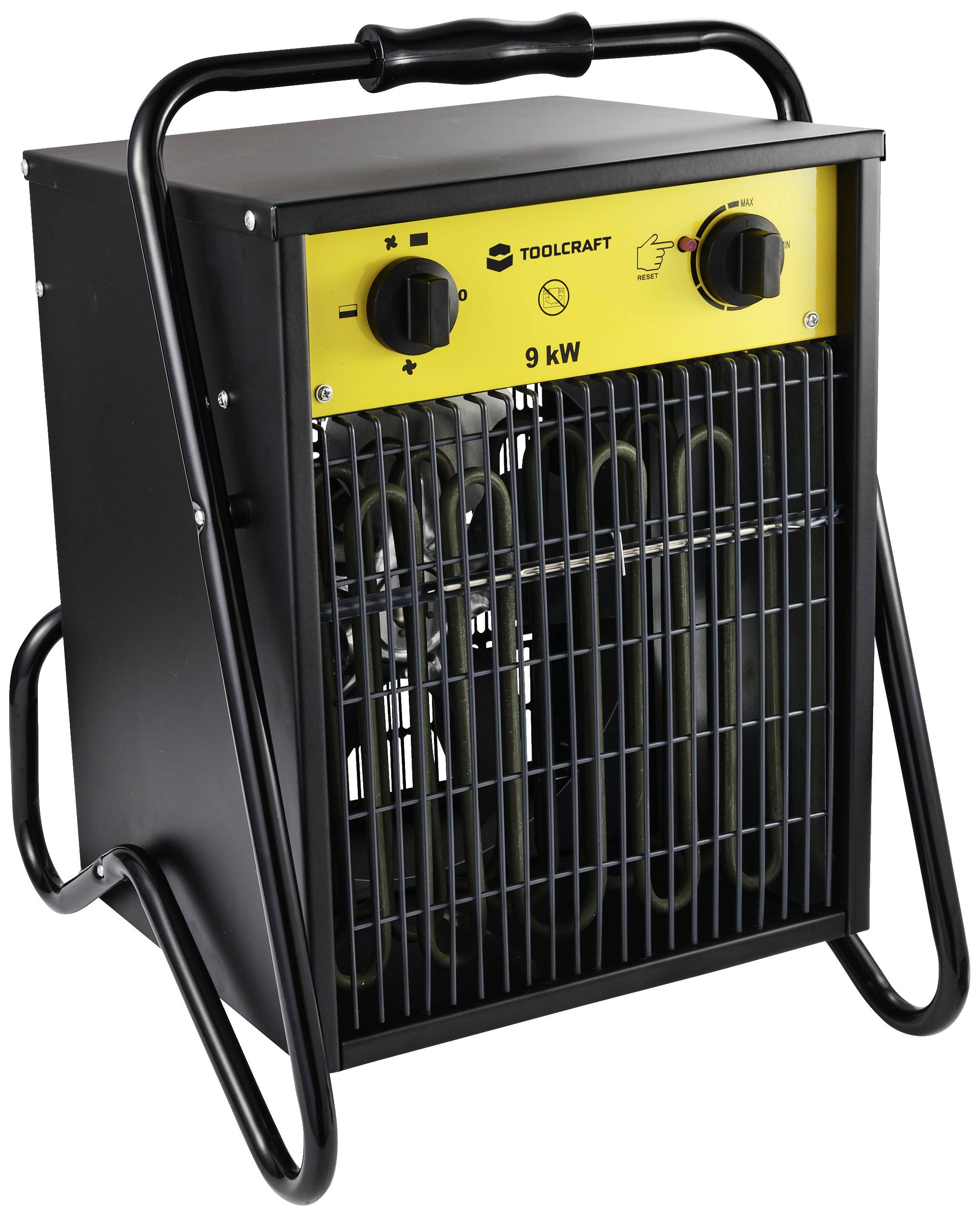 Ein schwarzer Elektroheizer mit gelbem Bedienfeld und zwei Drehknöpfen. Leistung 9 kW, montiert auf einem stabilen Rahmen.